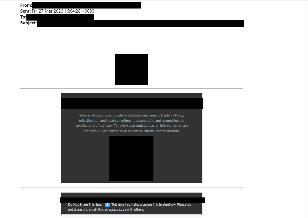 Redacted screenshot of a QR code phishing email disguised as an internal HR notice